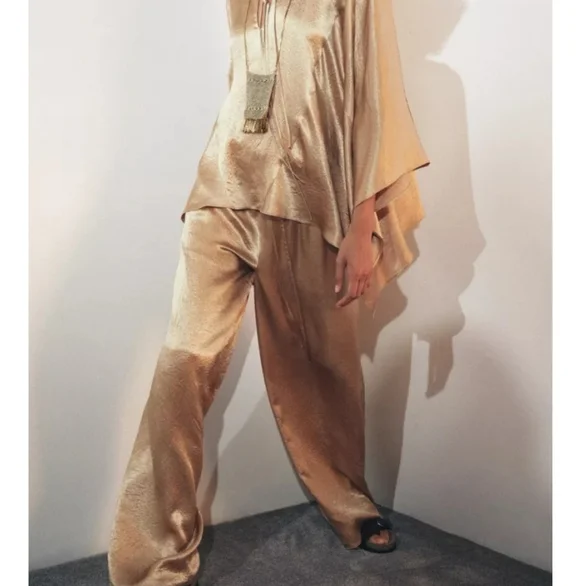 Zara Zw Collection Gold Satin Wide Leg Flowy Pants With Elastic Waist Sz-M - Picture 5 of 8